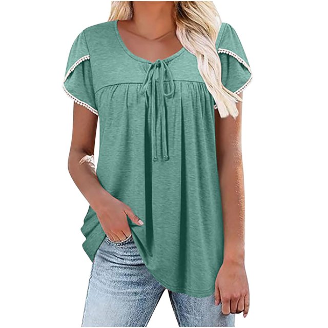 Pxiakgy Hauts Grande Taille pour Femmes Hauts d'Été Plissés Col Rond Manches Courtes Tuniques Blouses Vert Menthe + S