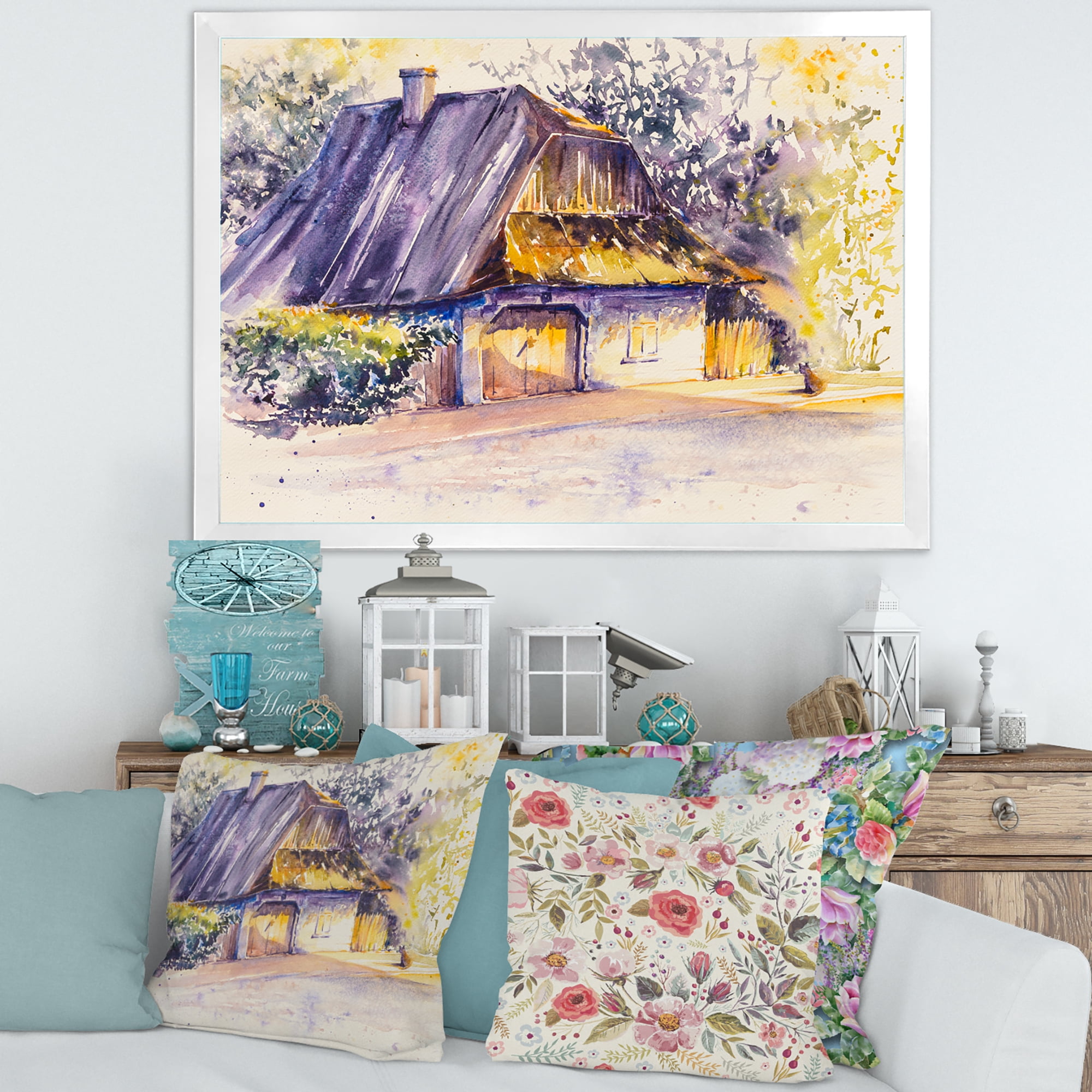 Old Wooden White House In Country Side Village During Afternoon Glow 32 in x 24 in Framed Painting Canvas Art Print, by Designart