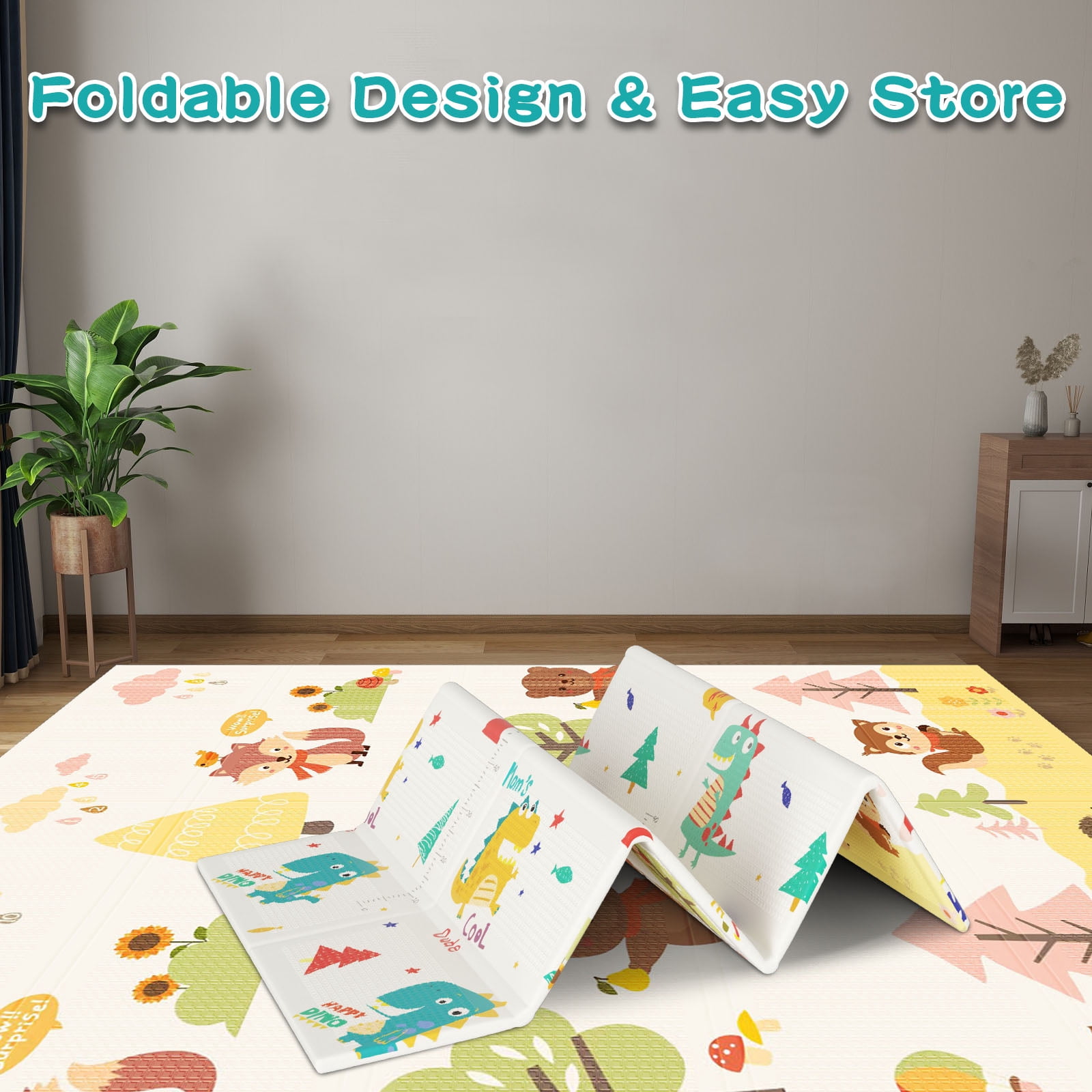 Cute Baby Play Mat Foldable Large 74x50 Inch Portable & Safe Play Area for Babies and Toddlers, Waterproof Anti-Skid Baby Playmat