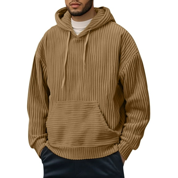 Yiaimeir Mens Ribbed Knit Pullover Hoodie Long Sleeve Casual Loose Fit Hooded Sweatshirt with Kangaroo Pocket for Everyday Wear