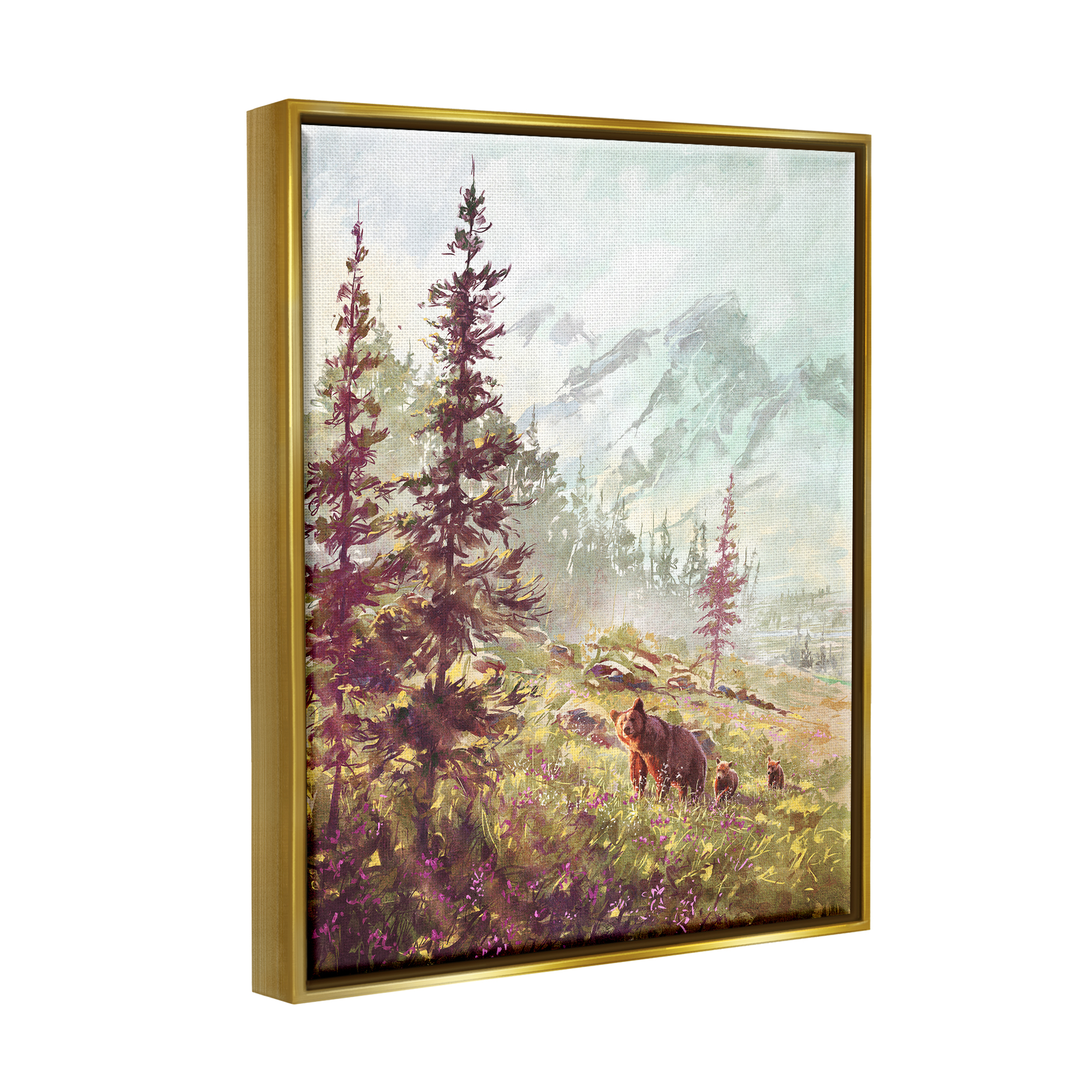 Stupell Baby Bear Family Woodland Mountains Animals & Insects Painting Gold Floater Framed Art Print Wall Art