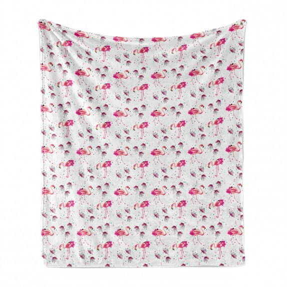 Bird Print Soft Flannel Fleece Throw Blanket, Hawaiian Continuous Flamingo Petal and Dots, Cozy Plush for Indoor and Outdoor Use, 60" x 80", Cadet Blue Pink, by Ambesonne