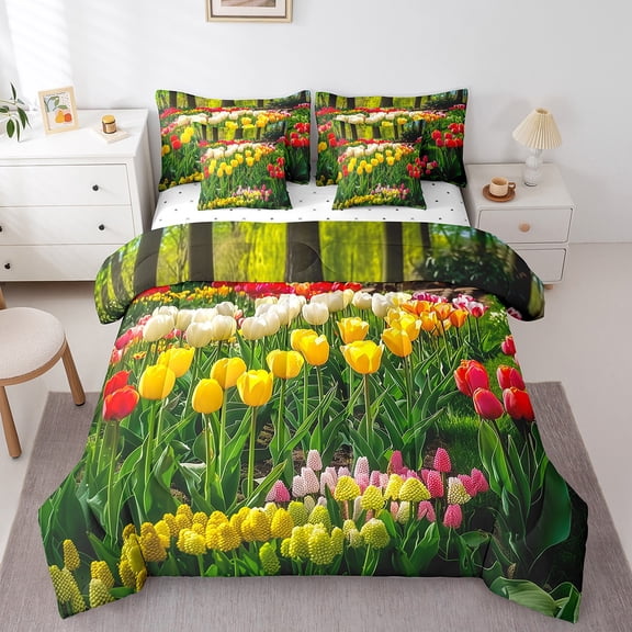Erosebridal Rustic Floral Bedding Twin Size, Yellow Tulip Bed in a Bag Twin size, Botanical Plant Bed Set, Microfiber Bedroom Decorative, 7pcs