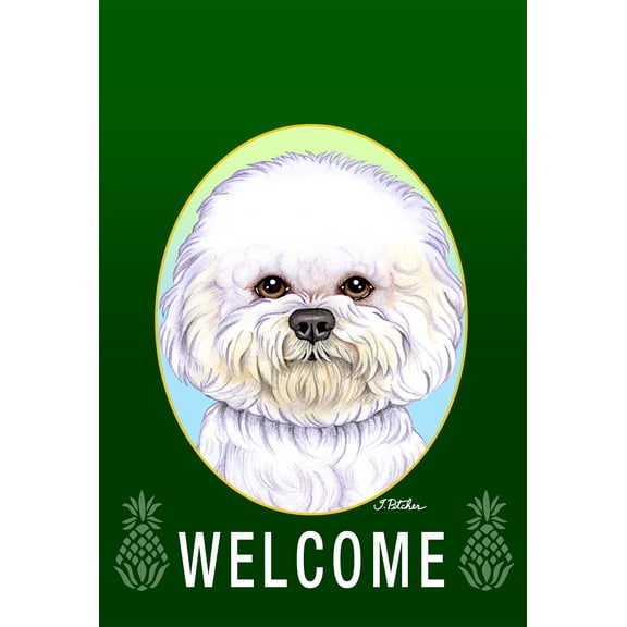 Bichon Frise Show Cut - Best of Breed Welcome Pineapples Garden Flags. Flag is 12" x 17"