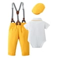 thumbnail image 2 of CARETOO Baby Boy Clothes Suit Solid Shirt Suspender Pants Beret Hat Tie Formal Cotton Fabric 3pcs, 2 of 11