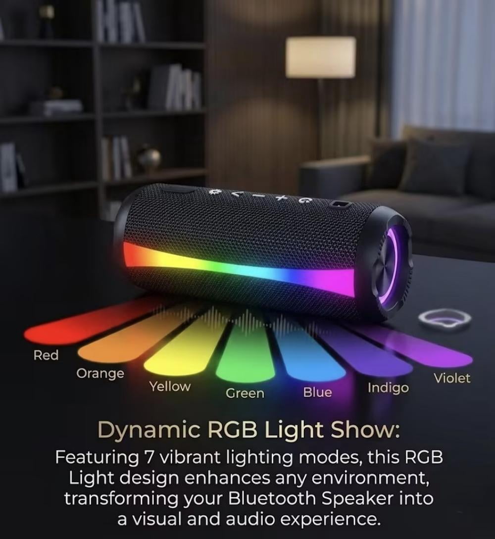 Portable Bluetooth Speaker, Bluetooth 5.4 Wireless Speaker, IPX7 Waterproof, 30W Loud Deep Bass with 20H Palytime, 7 Color RGB Lights, TWS Pairing for Home/Party/Outdoor, Gift