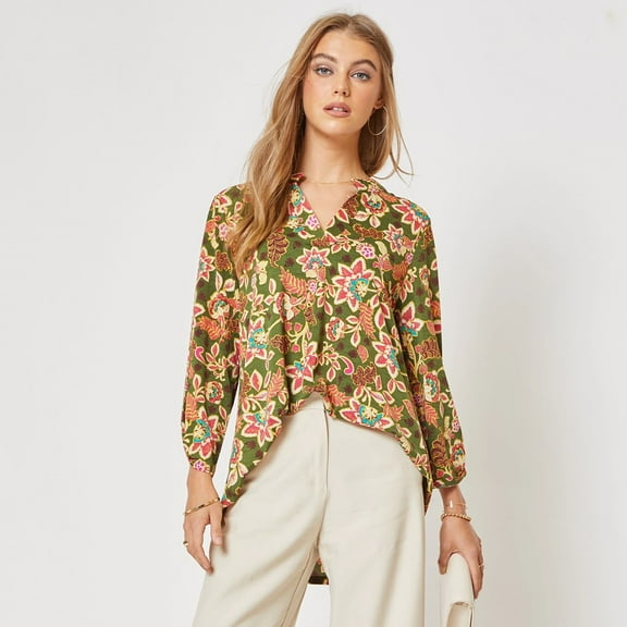 Dear Scarlett Women's Lizzy Floral Long Sleeve V-Neck Blouse Top in Olive Multi (Small, Olive Multi)