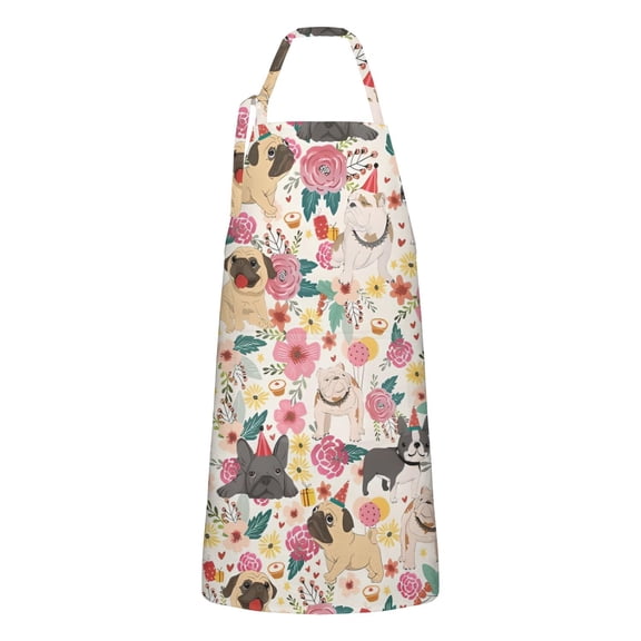 Pug Dogs with Pioneer Flower Apron-Garden Aprons for Women with Pockets-Cotton Linen Waterproof Kitchen Cooking Gardening Aprons Adjustable for Kitchen,Cooking,BBQ and Salon 33x27 Inch