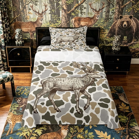 Castle Fairy Teens Retro Deer Twin Sheets 3pcs,Vintage Camouflage Bedding,Khaki Gray Brown,1 Fitted Sheet, 1 Flat Sheet and 1 Pillowcase