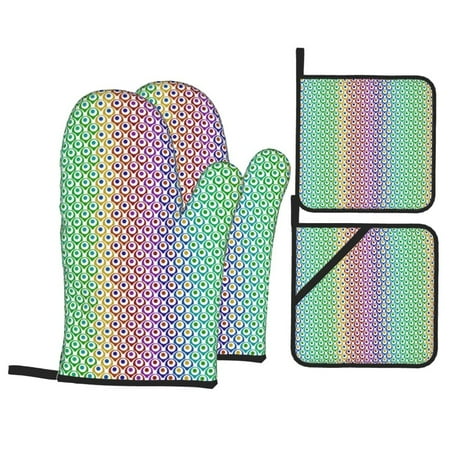 

Oven Mitts and Pot Holders Sets 4 pcs - Rainbow Peacock Feathers Heat Resistant Silicone Oven Gloves with Non-Slip Silicone Surface and hot pads for kitchen Baking Cooking BBQ