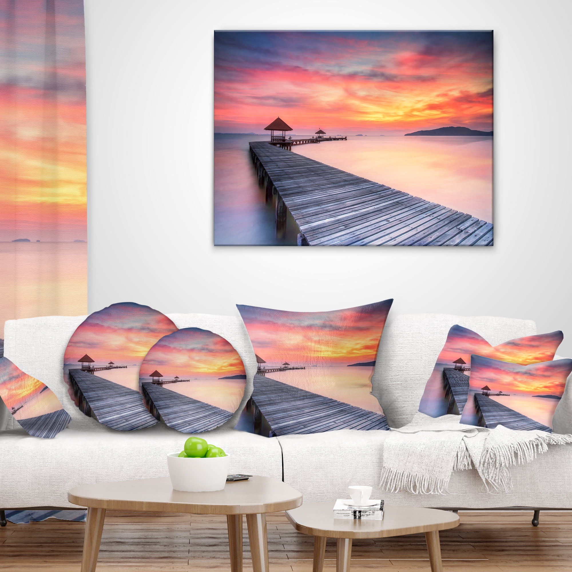 Designart Stylish Wooden Bridge and Beach Sky - Pier Seascape Throw Pillow - 16x16