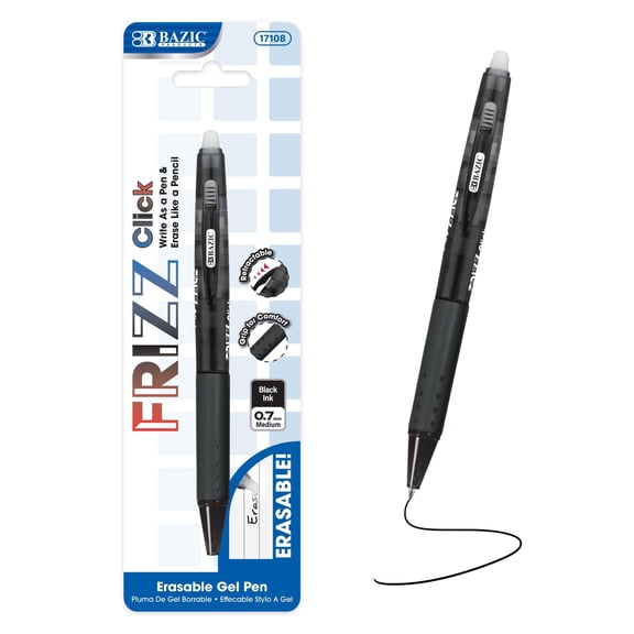 BAZIC Frizz Retractable Erasable Gel Pens, 0.7mm Medium Point, Black Ink, Comfort Grip, 1-Pack