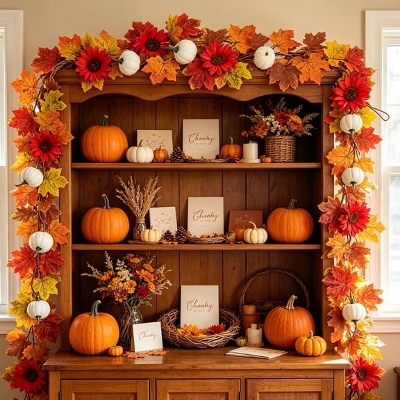 68.9in Fall Maple Leaves Garland with Pumpkin and Sunflower Artificial Autumn Maples Leaf Garlands Mixed Colors Fall Foliage Hanging Vine for Thanksgiving Home Garden Dinner Fireplace Decor