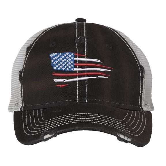 American Flag Trucker Hat Distressed Embroidered Patriotic Mesh Cap with Adjustable Buckle (Black)