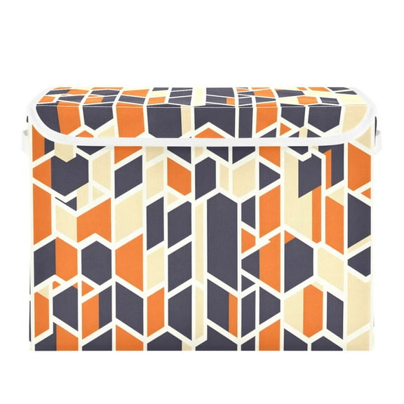 Geometric Patterns in Navy Blue and Orange Large Storage Bins with Linen Collapsible Lid Storage Box 16.7 x 12.6 x 11.8in