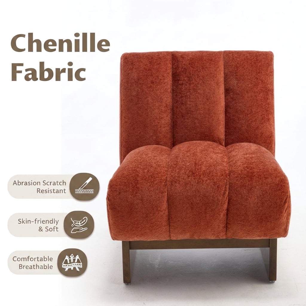 MOONMISS Modern Chenille Fabric Armchair with Wood Legs, Comfy Upholstered Reading Accent Chairs for Living Room,Orange