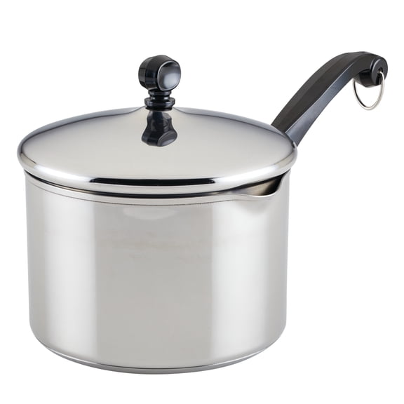 Farberware Classic Series 3 Quart Stainless Steel Straining Sauce Pan with Lid, Induction Compatible, Metal Utensil and Dishwasher Safe, Stainless Steel