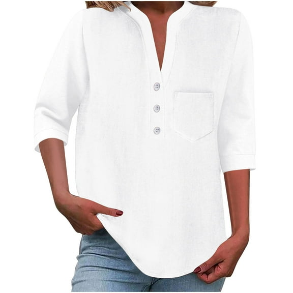 Women's Casual Shirts with Pocket V Neck Button 3/4 Sleeve Basic Tee Casual Loose Fit Solid Color Tops (XL, White)