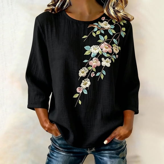 NTACZA Cotton And Linen Going Out Tops for Women Casual Crew Neck Floral Blouses Relaxed Fit 3/4 Sleeve Shirts for Women