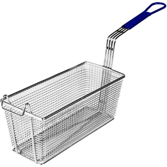 Truecraftware – 13-3/8" x 5-3/4" x 5-1/2" Rectangular Deep Fry Basket with Hook Heavy Duty Nickel Plated Iron with Blue Coated Handle