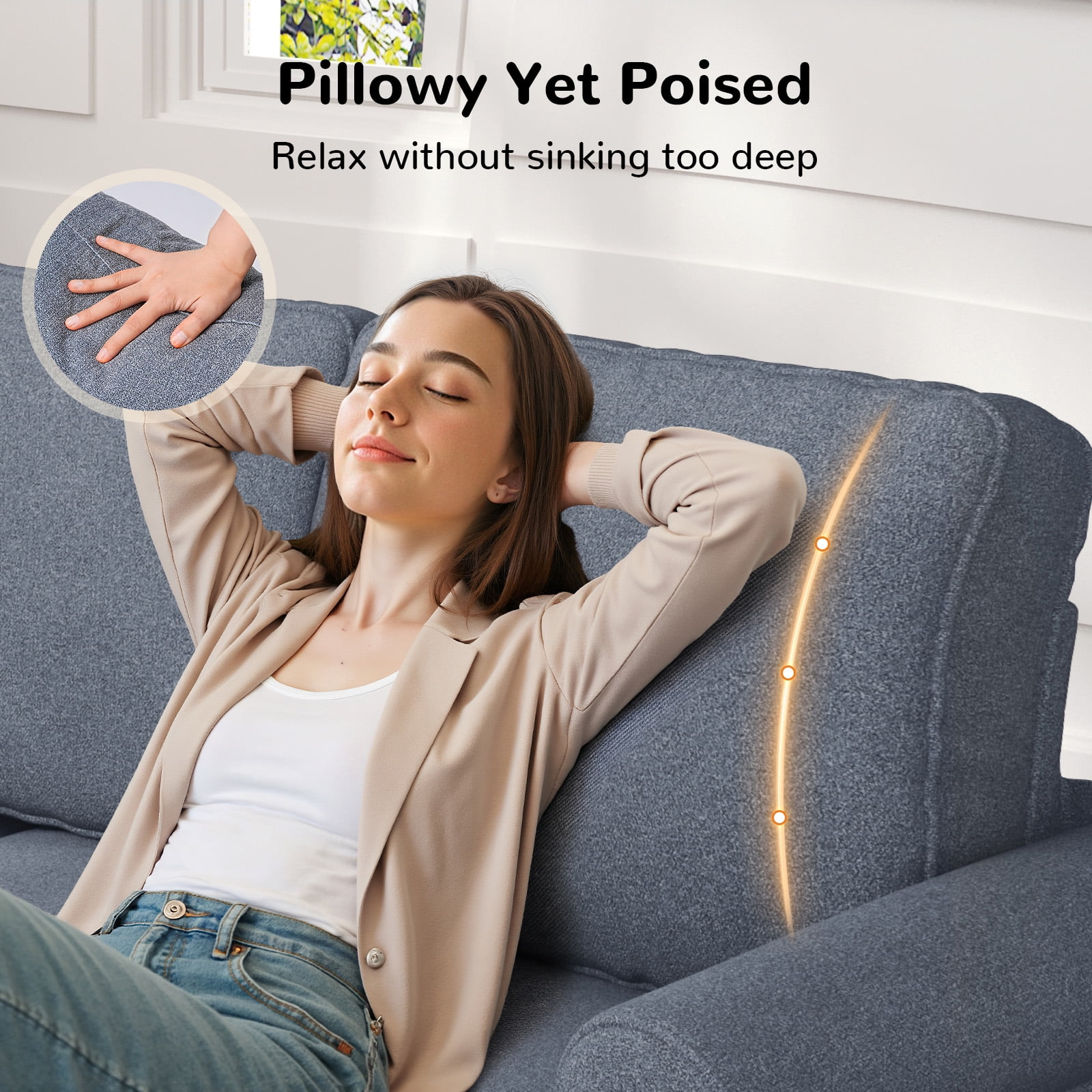 Patbrela 87" Sofa Couch, Comfy Extra Deep Seat 3 Seater Couch for Living Room with Soft Upholstered Round Arms, Free 2 Pillows, Gray