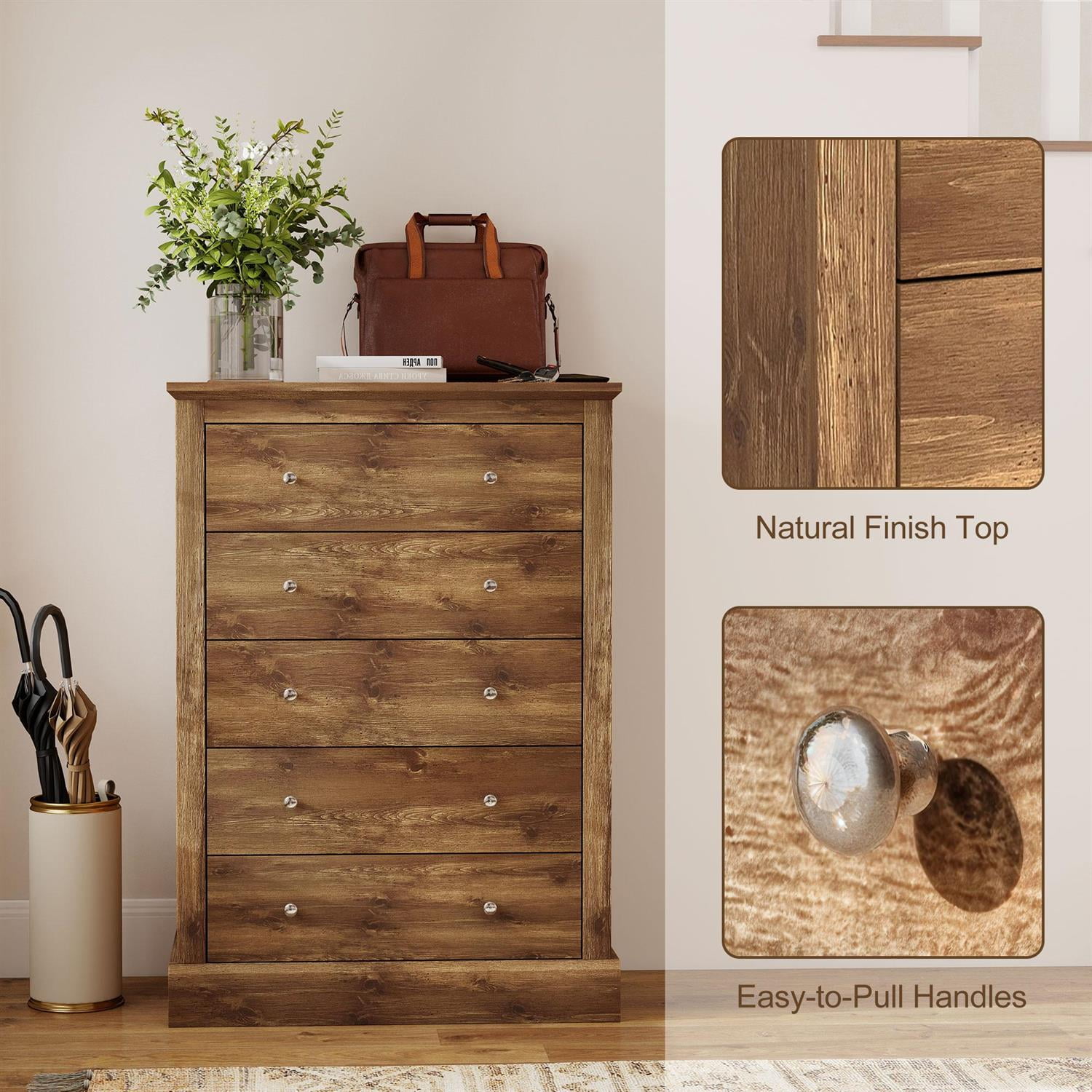 Demi Bonn Wooden 5 Drawer Chest, Farmhouse Style Dresser with Solid Wood Top for Living Room, Storage Bedside Table, Brown