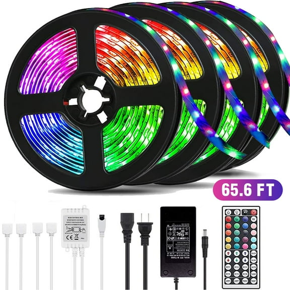 Led Strip Lighting 20M 65.6FT 3528 RGB Flexible Color Changing Full Kit with 44 Keys IR Remote Controller,24V 6A Power Supply,Waterproof