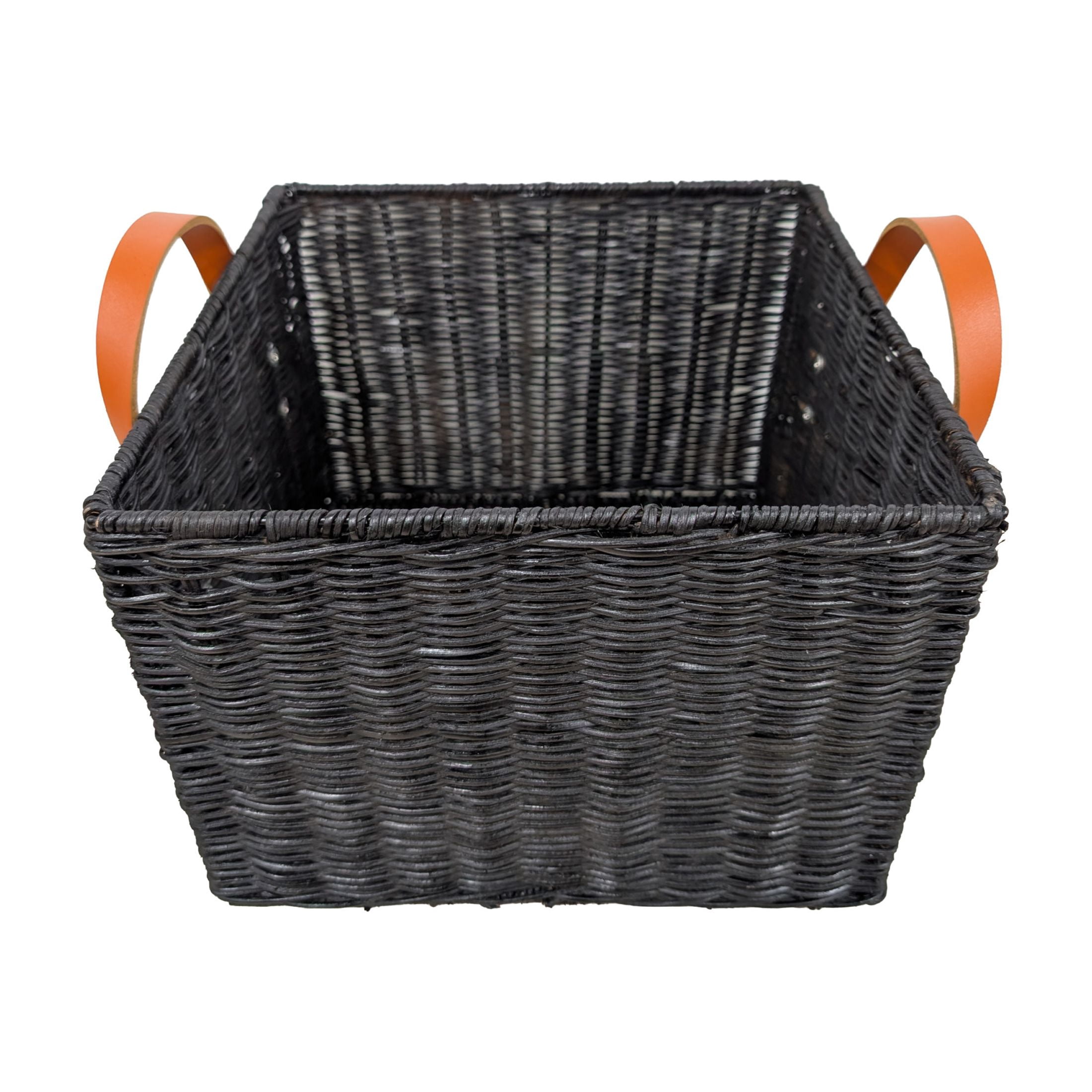 DecMode 12" x 11" Black Rattan Handmade Woven Storage Basket with Brown Leather Handles, 1-Piece