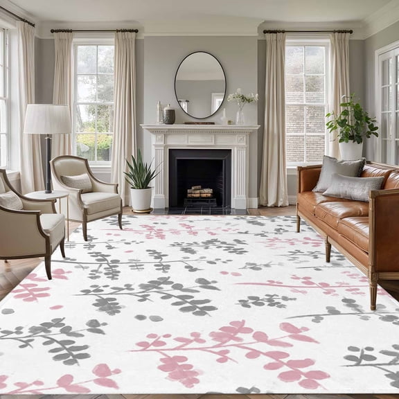 Pink Grey Botanical Area Rug 8x10 Washable Rug Non Slip Watercolor Spring Floral Summer Leaf Large Area Rug Soft Stainresistant Indoor Floor Carpet for Living Room Bedroom Home Office Dining Room