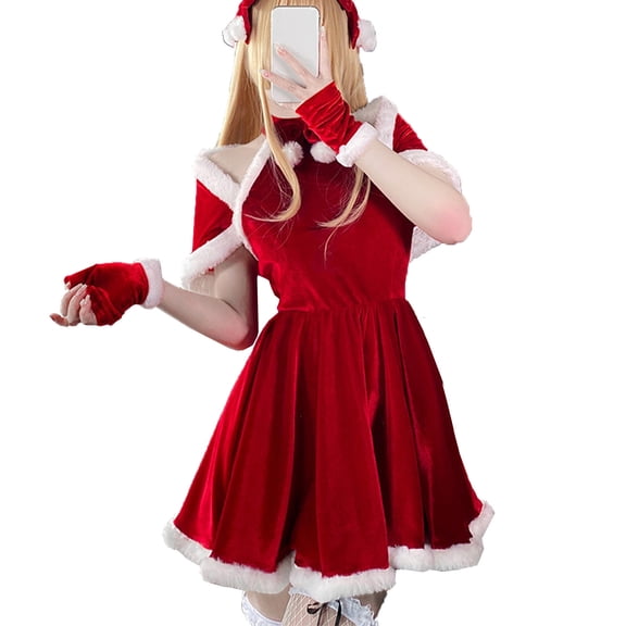 Women's Christmas Dress Cute Hoodie Santa Dress Swing Skirt for New Year Party Red M