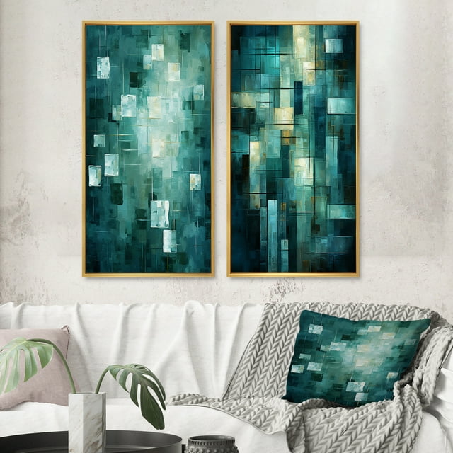 Designart "Echoes of Dreams Retro Abstract in Turquoise III" Abstract Painting Framed Wall Art Set Of 2 - Modern Gold Gallery Wall Frame Set For Home Decor