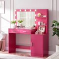 thumbnail image 2 of UHOMEPRO Makeup Vanity with Mirror and Lights, Dressing Table with 2 Drawers and Large Vertical Organizer, Modern Wood Cosmetic Table 3 Lighting Modes Adjustable Brightness, Rose Pink, 2 of 6