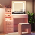 thumbnail image 5 of TROPOW Vanity Desk with Mirror and LED Lights, Makeup Vanity Desk with Sliding Mirror, Power Outlet, 3 Color Adjustable Light, Dressing Table with 4 Drawers,Pink, 5 of 9