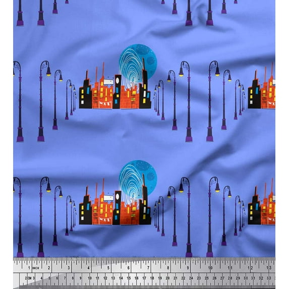 Soimoi Blue Rayon Fabric Street Lamp & House Architectural Fabric Prints By Yard 42 Inch Wide