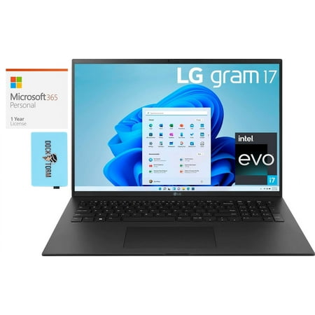 LG Gram 17ZB Home/Business Laptop (Intel i7-1360P 12-Core, 17.0in 60 Hz Wide QXGA (2560x1600), Intel Iris Xe, 32GB RAM, Win 10 Pro) with Microsoft 365 Personal , Dockztorm Hub