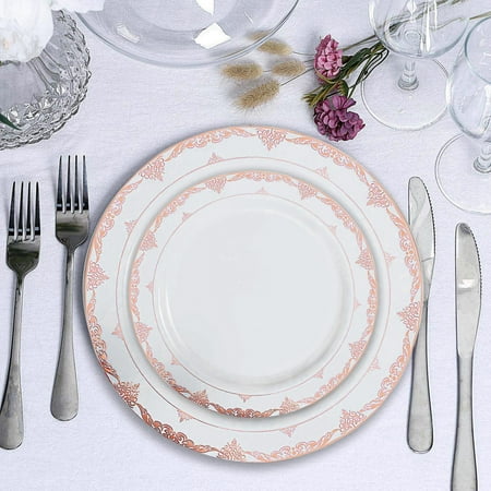 

10 Pack | White 7.5 Rose Gold Lace Rim Plastic Dessert Salad Plates Round Appetizer Plates with Ornate Rim - 1 Pack of 10 Plates