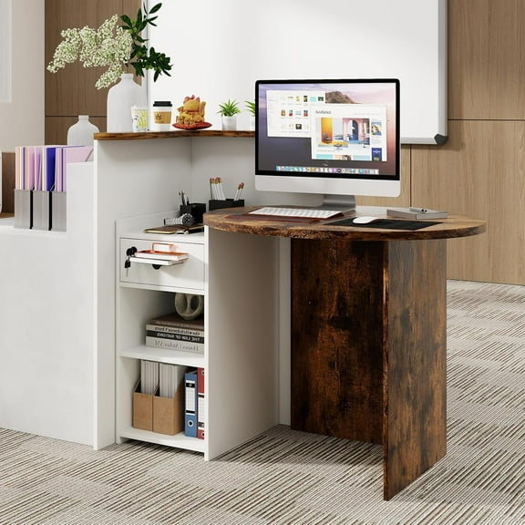 Reception Desk, Retail Checkout Counter with Lockable Drawer and Open Shelves, Wooden Front Desk Reception Counter, Desktop & Counter for Store Office Lobby Salon