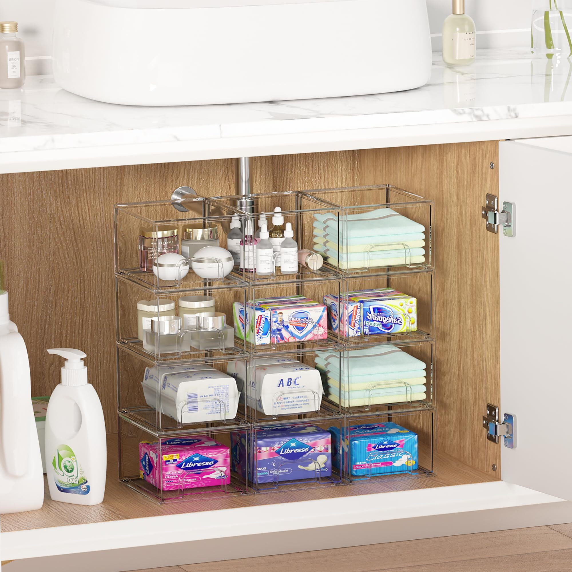 Stackable Makeup Storage Drawers, Vtopmart 4 Pack Acrylic Bathroom  Organizers, Clear Plastic Storage Bins 