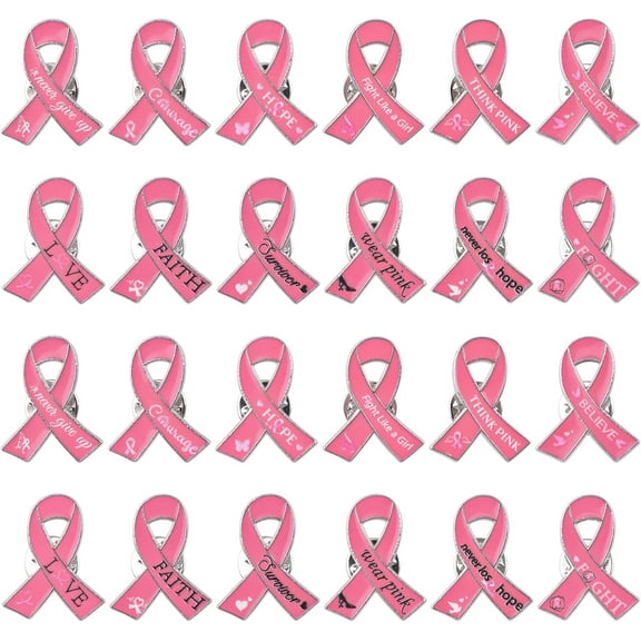 24 PCS Pink Ribbon Brooches, Breast Cancer Awareness Lapel Pins, with 12 types of Word Style, Enamel Jewelry Hope Love Badges for Women Survivor Support Statement