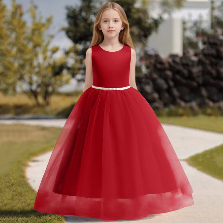Hifoo Flower Girls Satin Pageant Dress Wedding Kids Pearls Prom Gowns  Bowknot Leisure Child Christmas Solid Color O-Neck Dresses - Walmart.com
