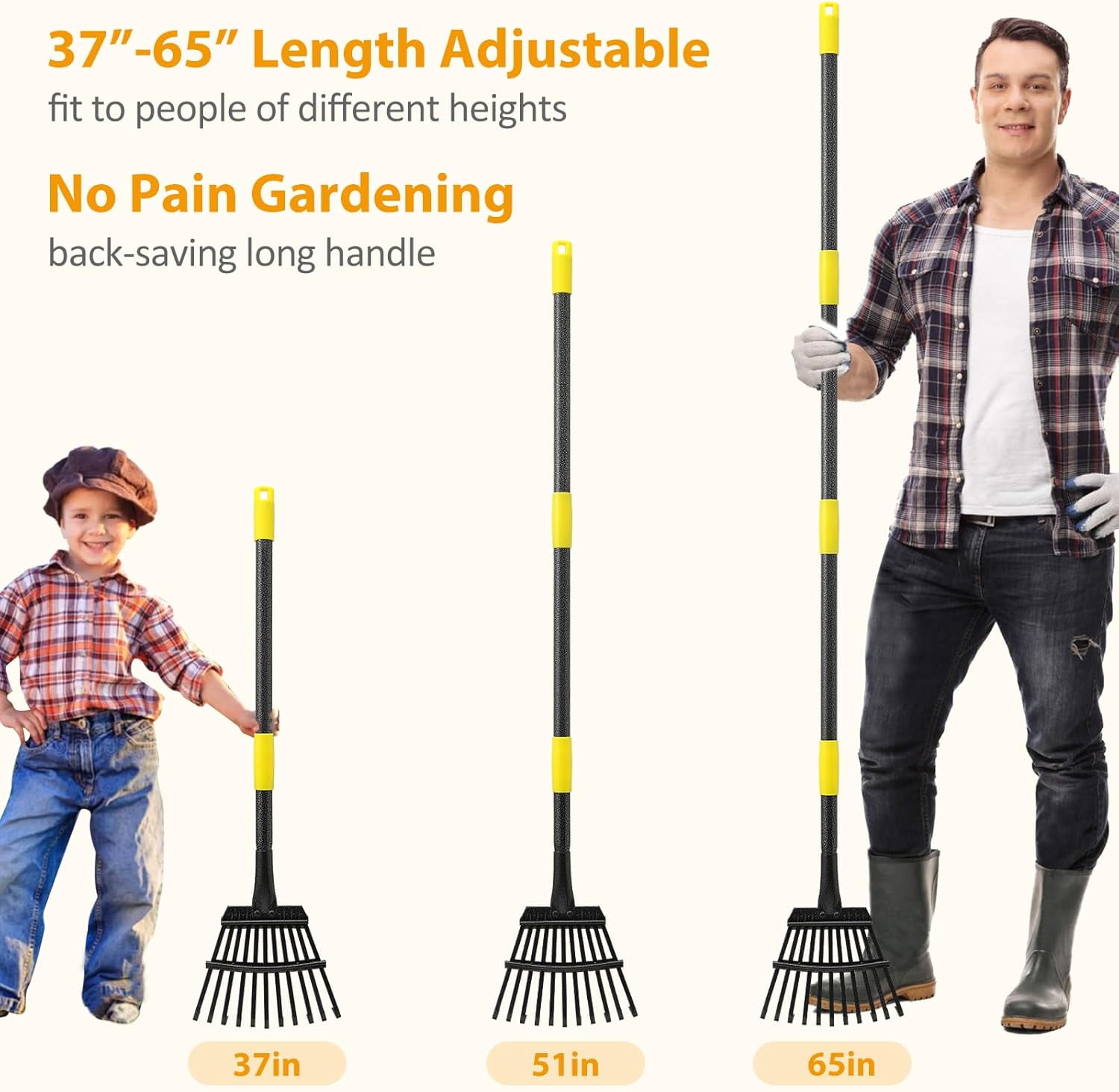 Rake, Garden Leaf Rakes for Lawns Heavy Duty, Yard Metal Rake Tools with 9" Small Narrow Head, 65” Adjustable Long Handle, 11 Steel Tines, Quick Clean up Shrub, Flower Bed, Camping