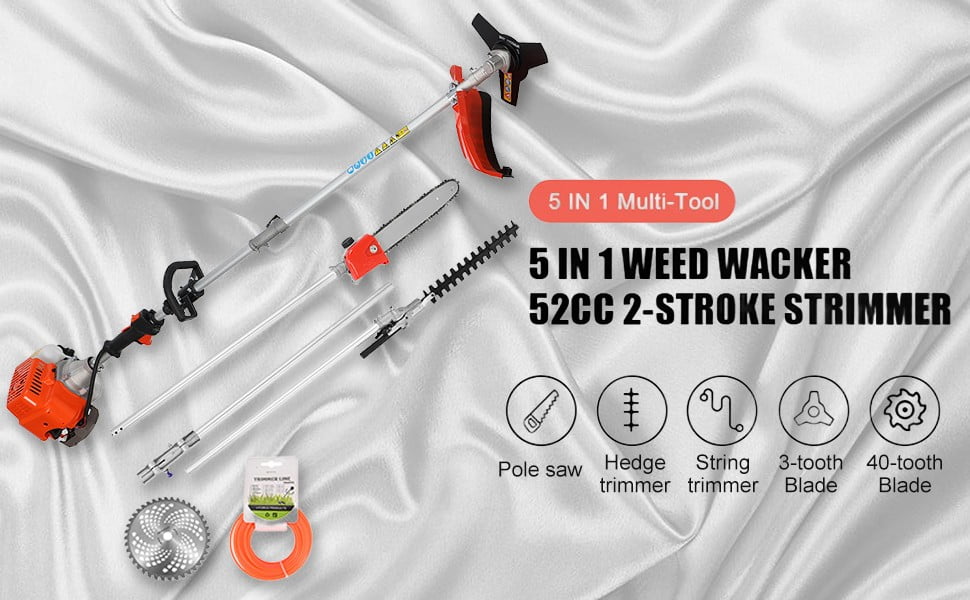 Floseru 5 in 1 Gas Weed Eater, 52CC 2-Cycle Weed Eater Gas Powe, Gas Weed Wacker, 9500rpm Strong Power & Multi Functional Gas String Trimmer Brush Cutter for Yard & Garden