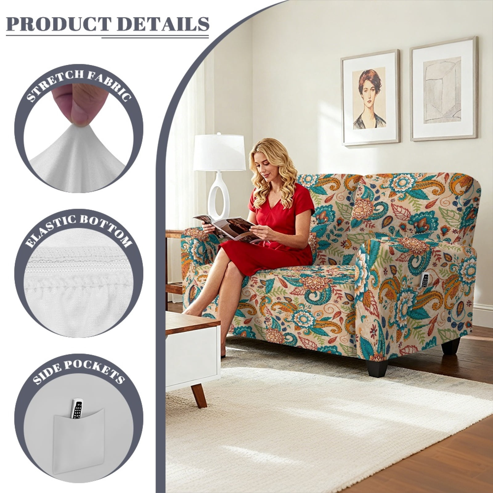 Xoenoiee Boho Mandala Paisley Flower Print 6 Pieces Stretch Recliner Loveseat Covers Soft Reclining Couch Cover with Pockets Anti-Slip Sofa Slipcovers Fitted Furniture Protector for Pet Kid