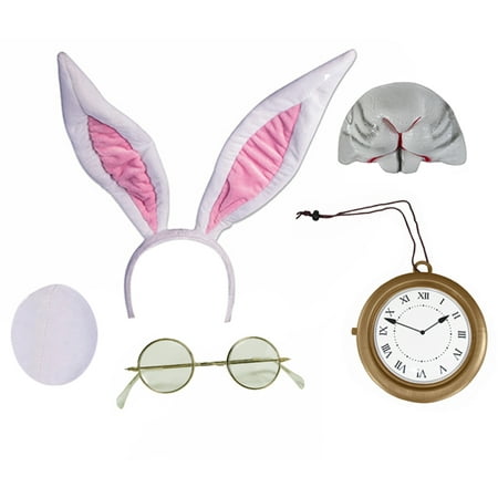 White Bunny Rabbit Large Ears Tail Nose Gold Glasses Clock Necklace Cosplay