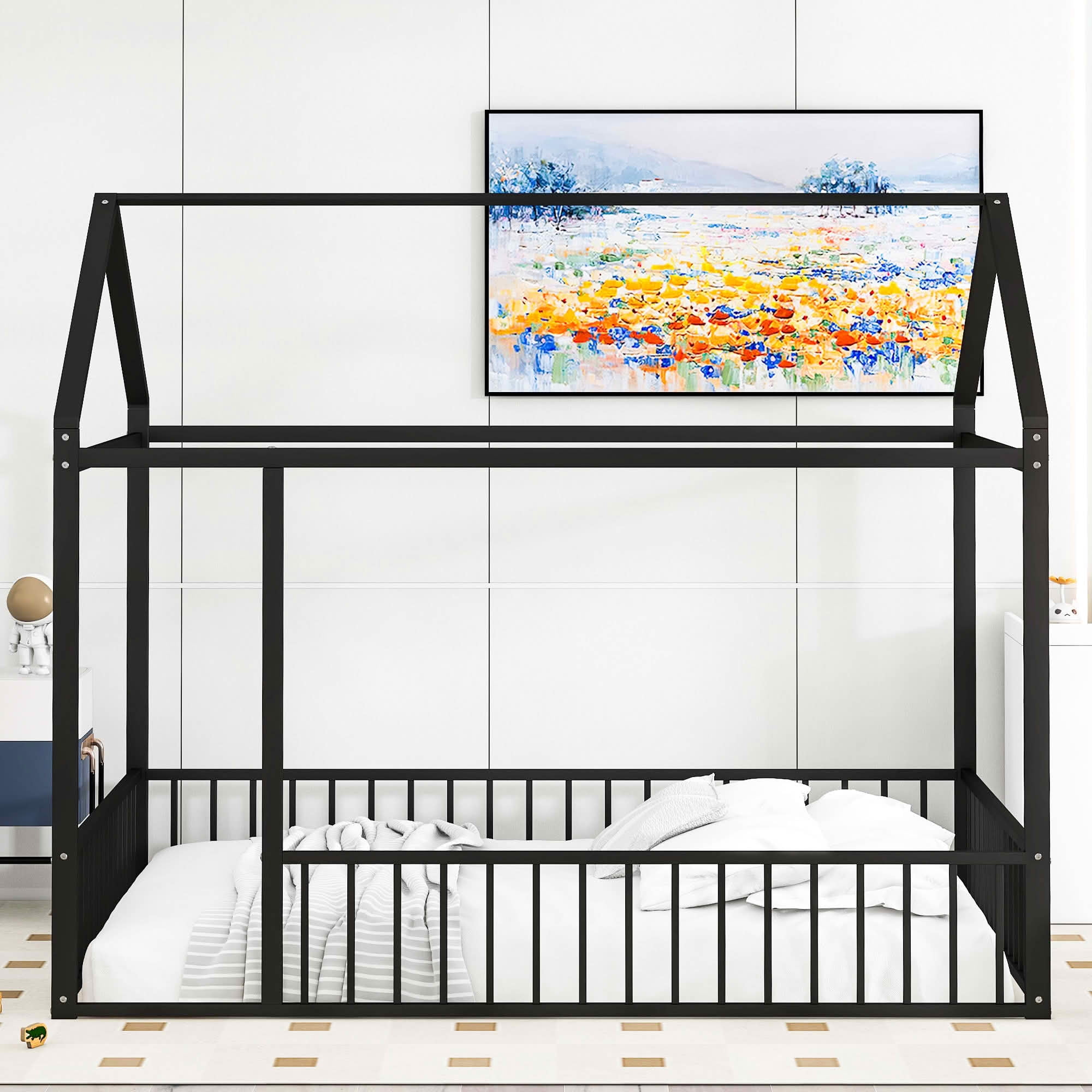 MAYEERTY Full Size Metal House Bed Frame, Fence, Kids Teens Bedroom, White