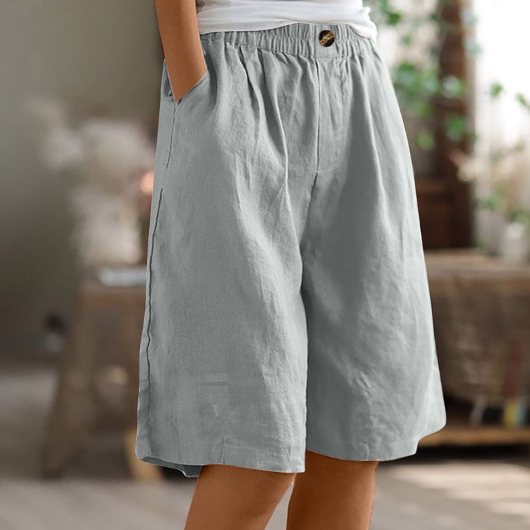UAMVSH Women's Vintage Cotton Linen Shorts Casual Loose Solid