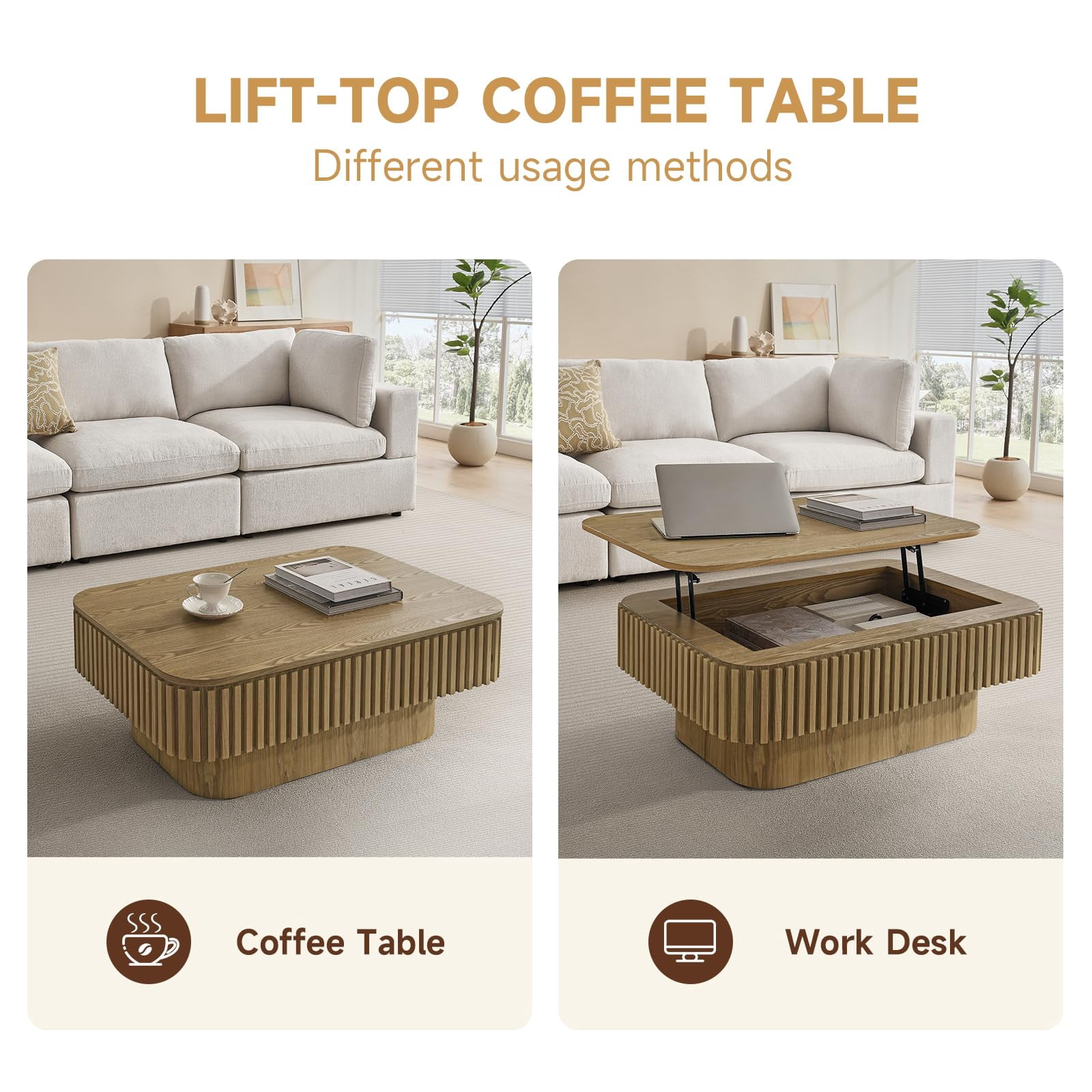 38.6" Lift-Top Natural Coffee Table with Hidden Storage Design for Living Room, Office or Small Spaces