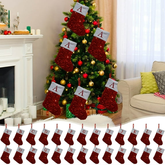 Christmas Stockings with Initials Large Embroidered Knit Christmas Stocking with Red Letter Candy Gift Bag Gift Bag Hanging Stocking Decorations for Family Holiday Fireplace Party Decoration