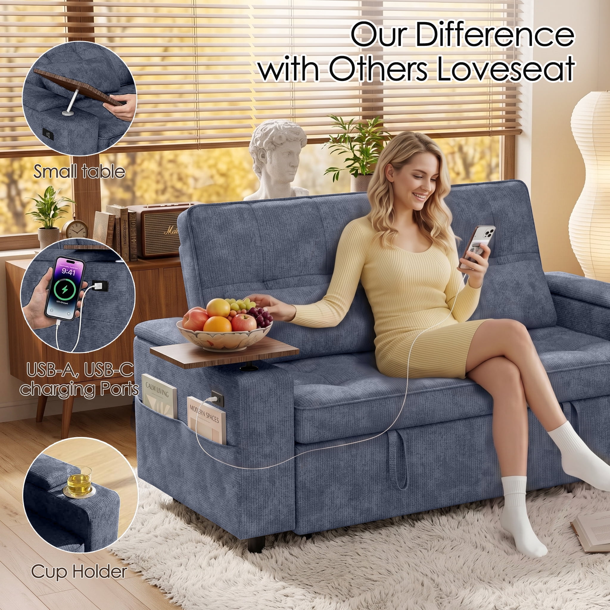 Xiweot 65" Sleeper Sofa Bed, 3-in-1 Convertible Chenille Futon Couch, Loveseat Sofa with Adjustable Backrest, Pull out Couch with Storage Armrest, Table & Pillows for Living Room Apartment (Blue)