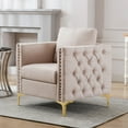 thumbnail image 2 of Modern Velvet Armchair, Tufted Button Accent Chair, Upholstered Single Sofa Chair with Arms, Mid-Century Club Chair with Steel Legs for Living Room Bedroom, Tan, 2 of 7